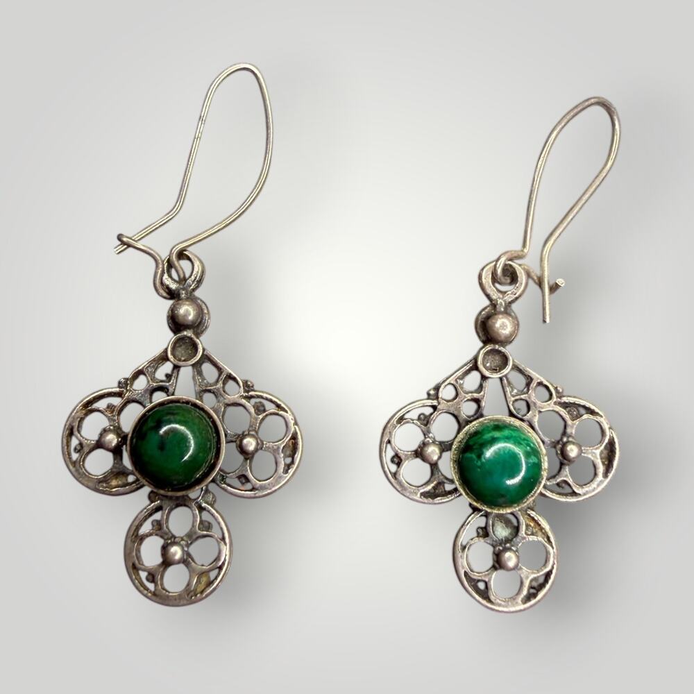 Vintage Sterling Silver Green Stone Filigree Dangle Earrings Artisan Boho